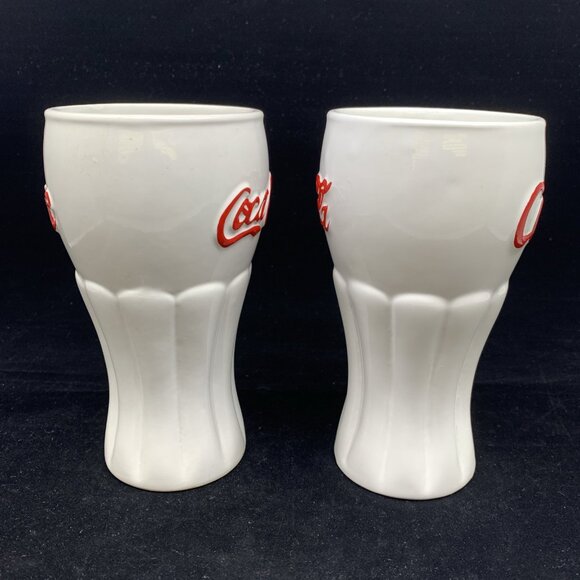2 Coca-Cola White Ceramic Glasses Red Lettering Houston Harvest 6.25" Tall Vtg - Picture 6 of 11